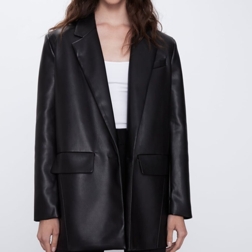 Zara Black Vegan Faux Leather Single Breasted Oversized Blazer Jacket EUC Med